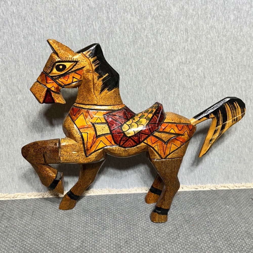 VTG Hand Painted Wooden Horse Figurine Modular Folk Art Statue 10 Inch